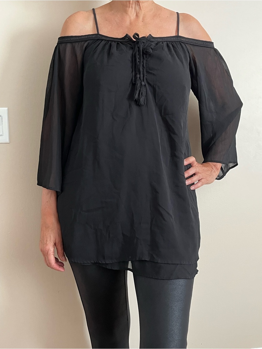 Purple Snow Black Off-Shoulder Tassel Tunic